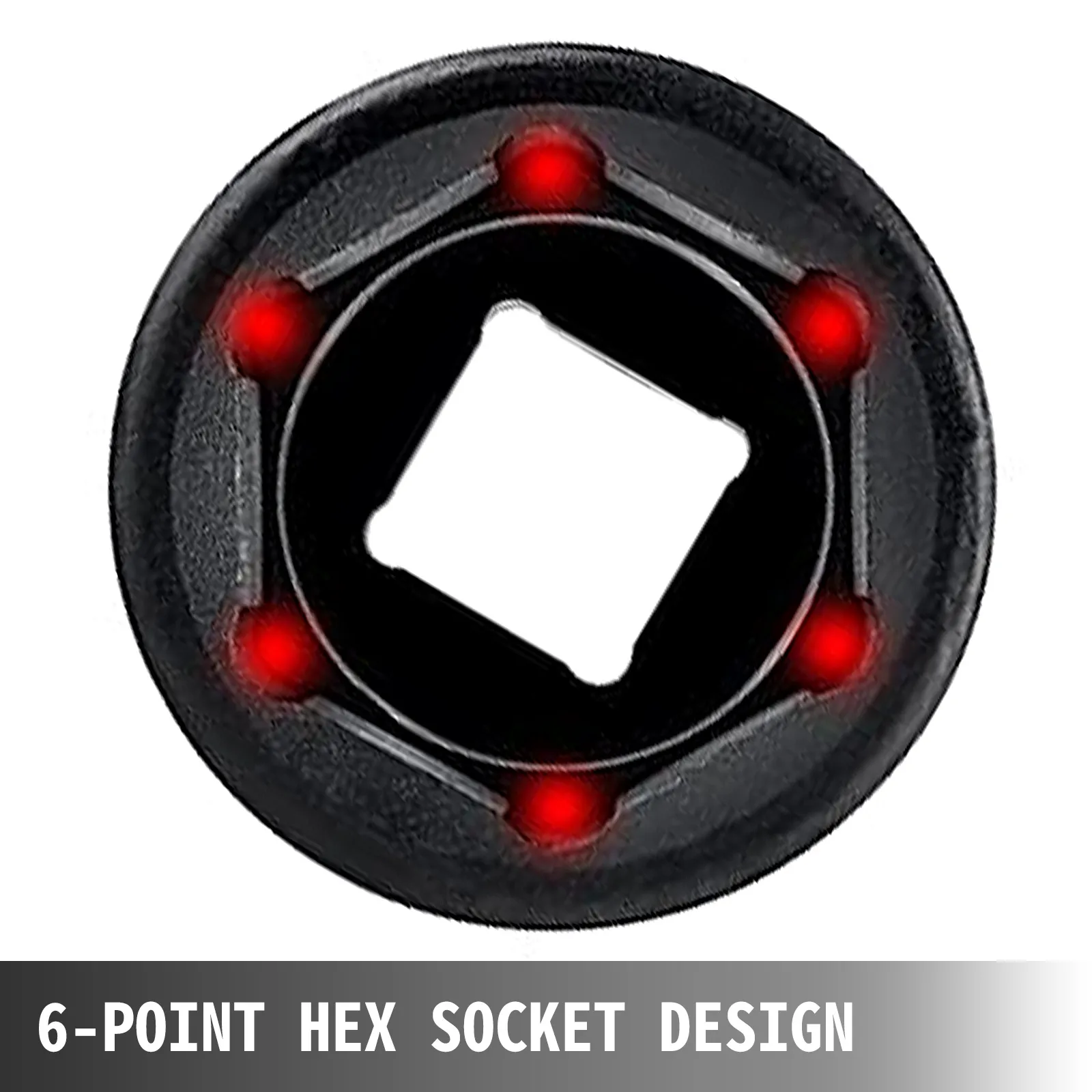 6-point hex design on VEVOR impact socket set, black with red highlights.