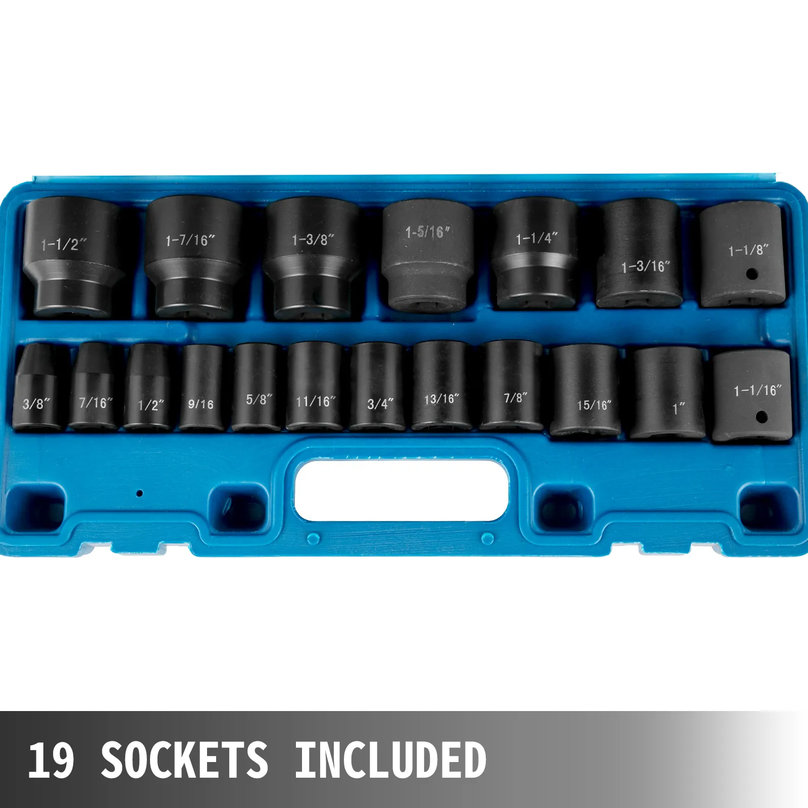 VEVOR impact socket set in blue case with 19 black sockets included.