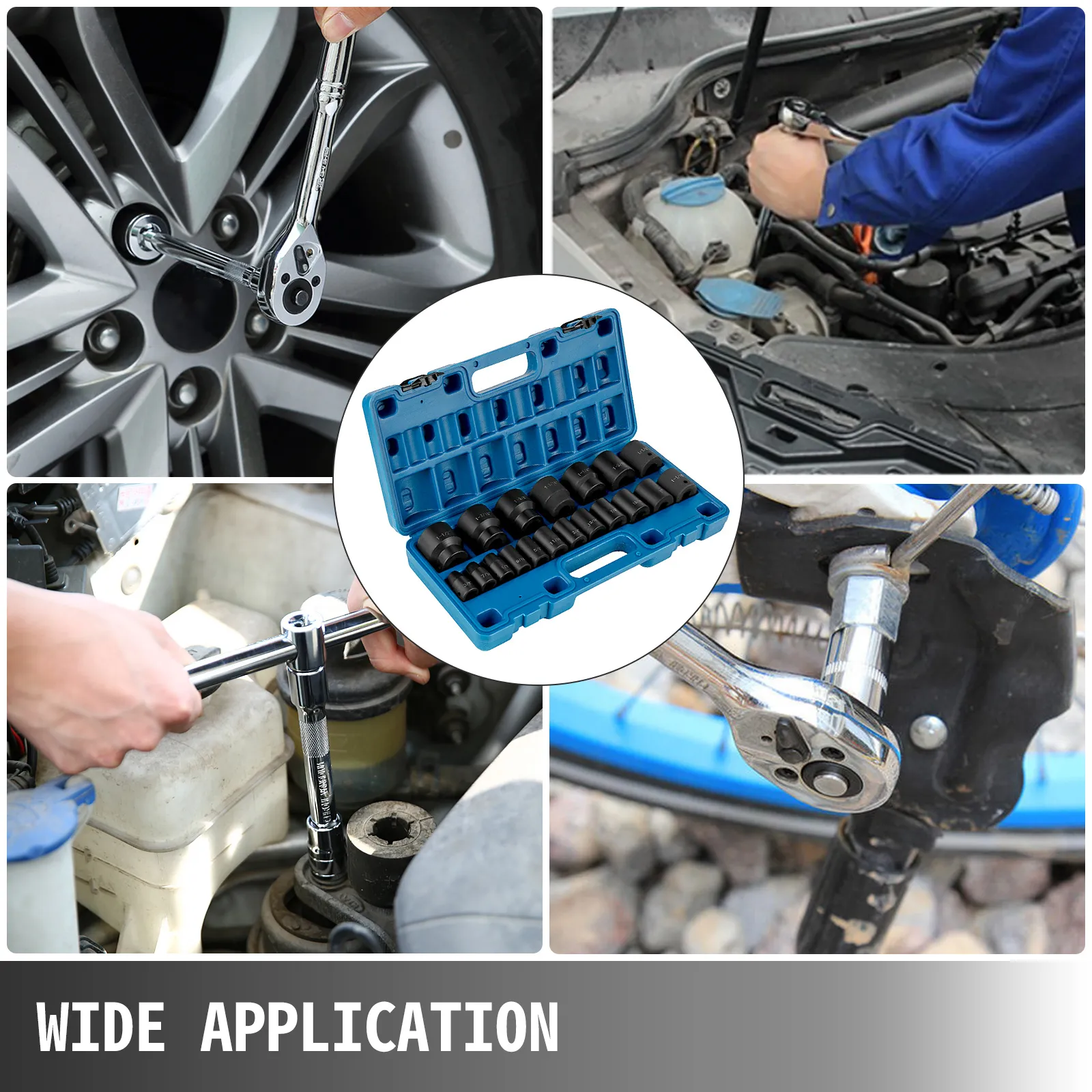 VEVOR impact socket set used in various automotive repair tasks