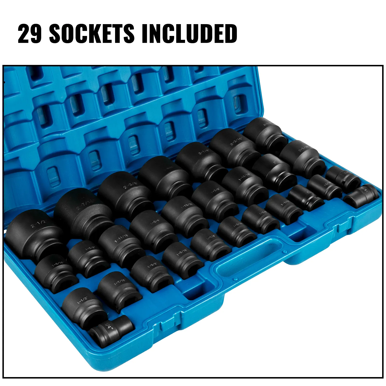 29-piece VEVOR impact socket set in blue carrying case.