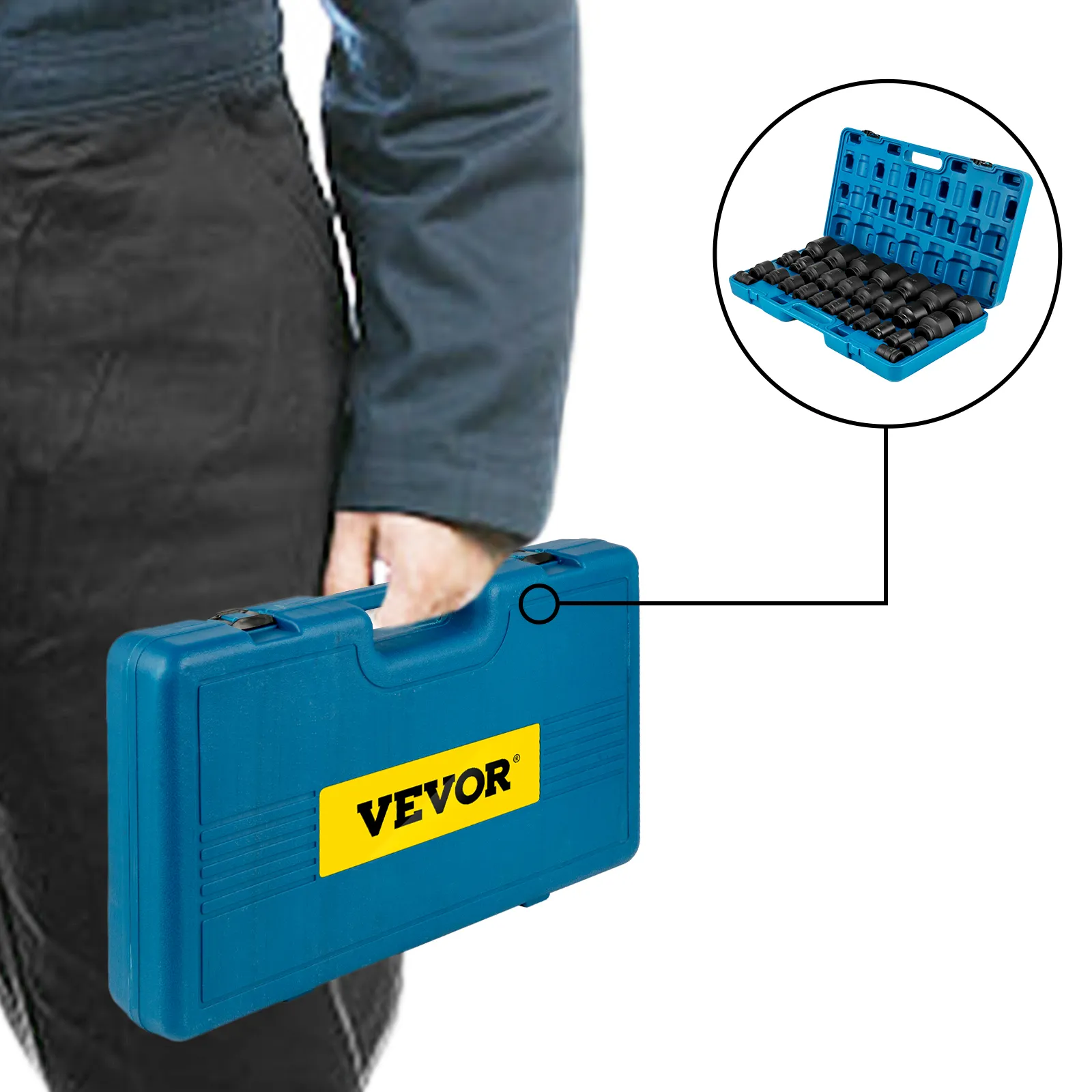 person carrying a VEVOR impact socket set in a blue case with detailed insert montréant sockets.