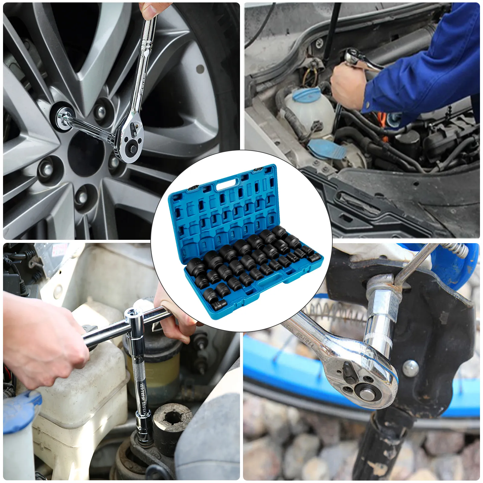 VEVOR impact socket set in use with cars and machinery, featuring a blue case.