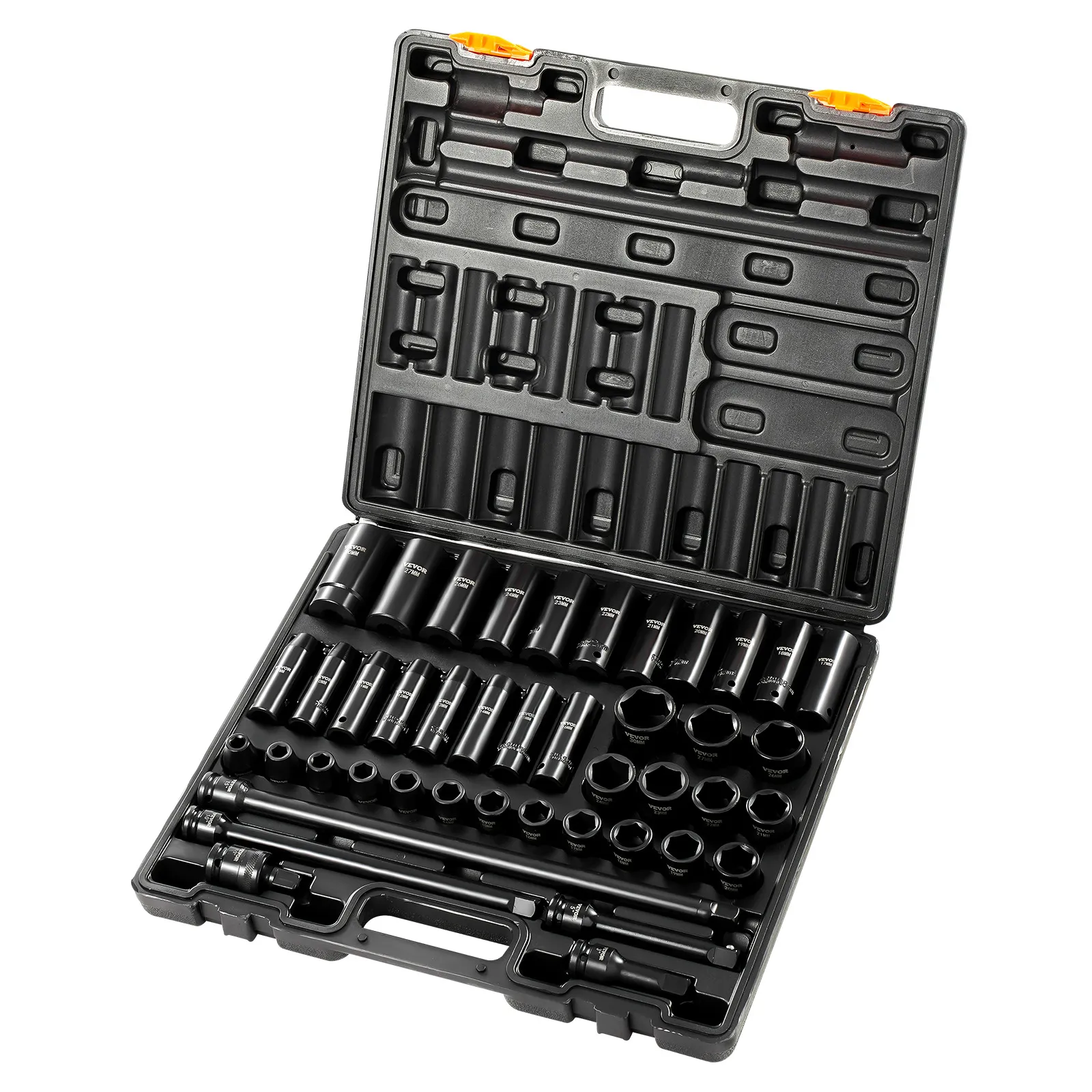 blue case holding VEVOR impact socket set with assorted black sockets and extensions.