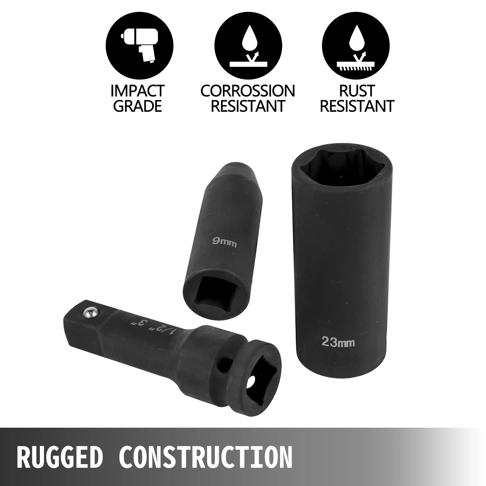 VEVOR impact socket set with 9mm, 12mm, 23mm sockets, rugged corrosion-resistant design