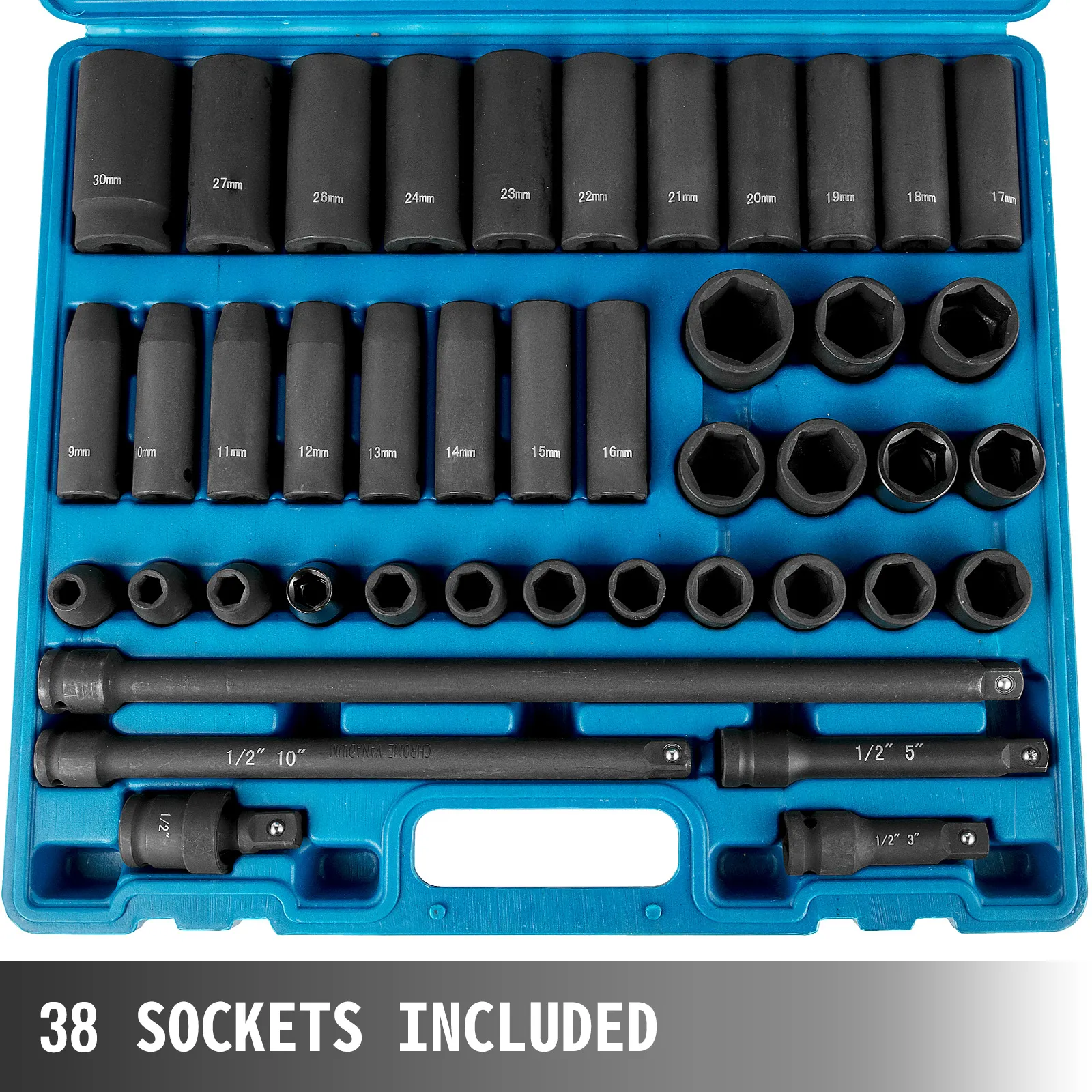 VEVOR impact socket set in blue case with 38 pieces in various sizes.