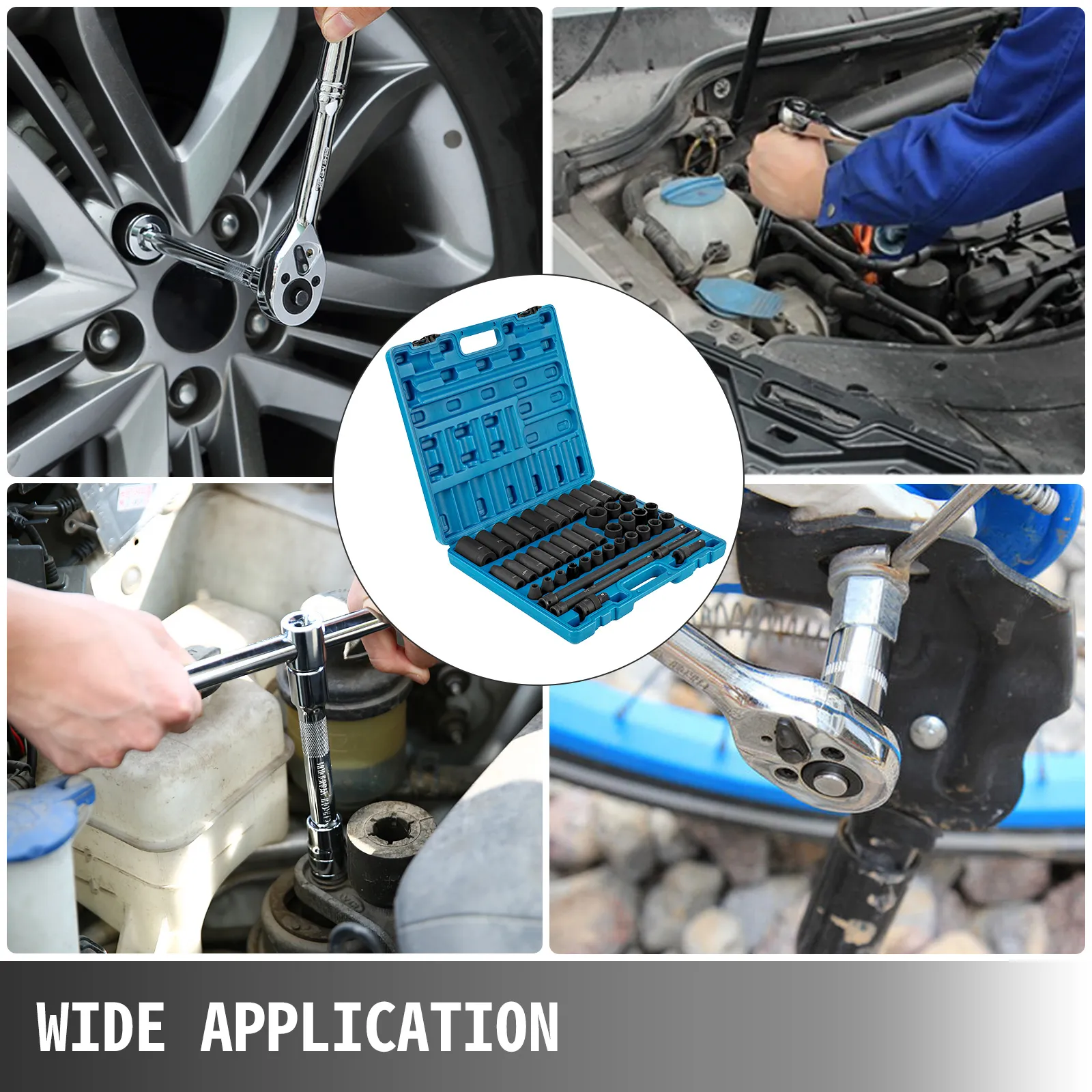 VEVOR impact socket set in action on car and bike repairs, displayed in a blue case.