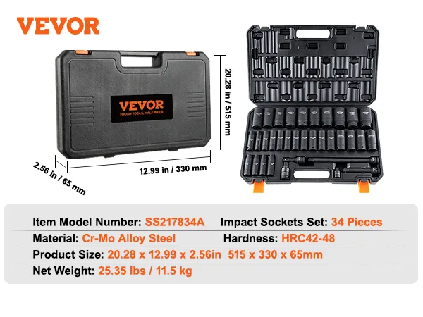 VEVOR deep impact socket set in a rugged black case, 34 cr-mo alloy steel pieces shown with dimensions.