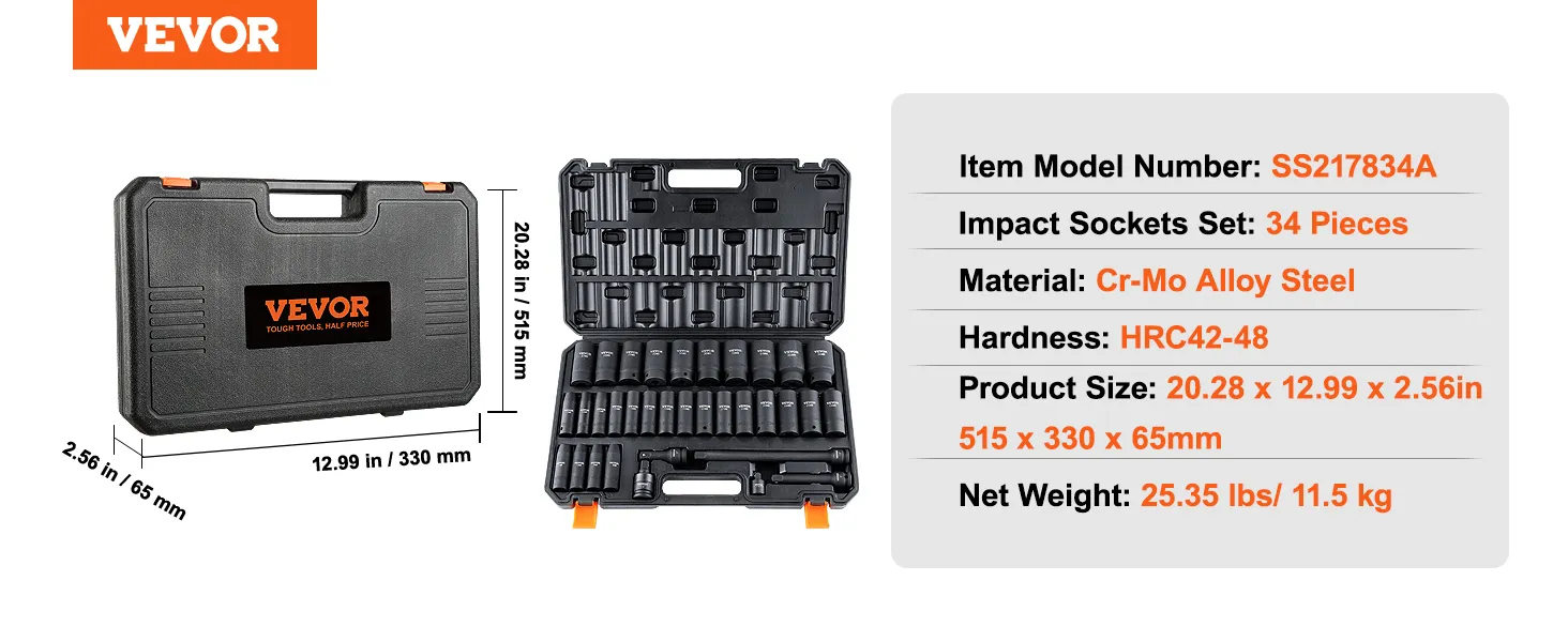 VEVOR deep impact socket set in a rugged black case, 34 cr-mo alloy steel pieces shown with dimensions.