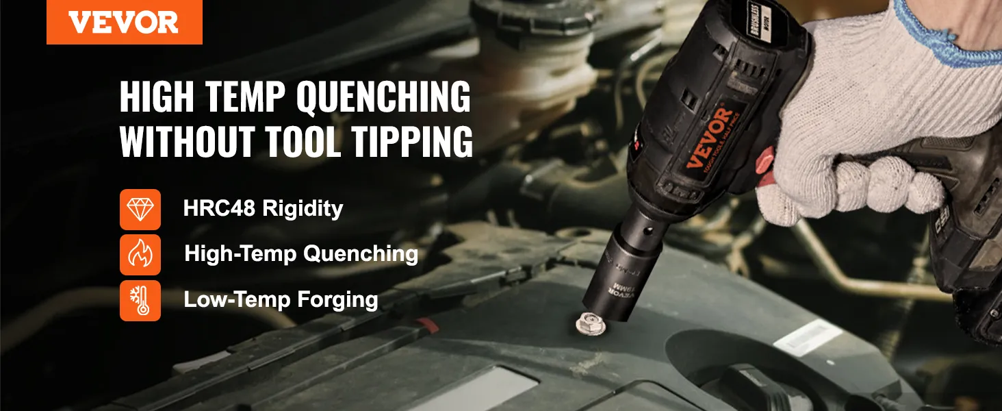 VEVOR deep impact socket set with high-temp quenching and low-temp forging for hrc48 rigidity.