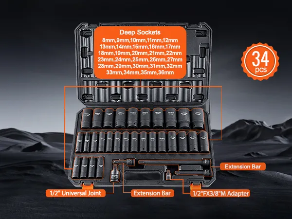 VEVOR deep impact socket set, 34-piece with sizes and accessories in a black case against a dark backdrop.