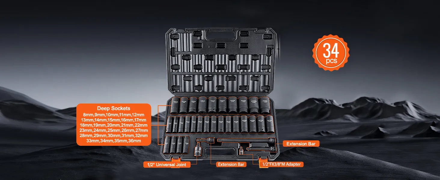 VEVOR deep impact socket set, 34-piece with sizes and accessories in a black case against a dark backdrop.