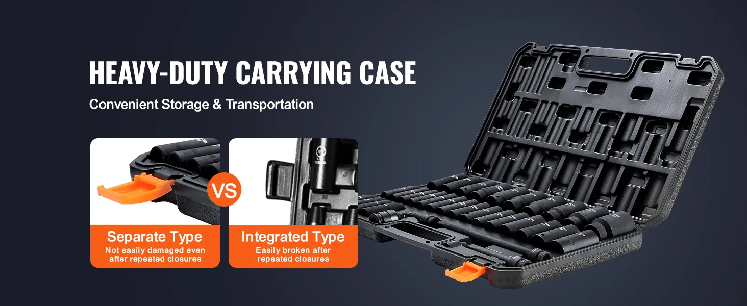 heavy-duty carrying case for VEVOR deep impact socket set, showcasing separate and integrated types.