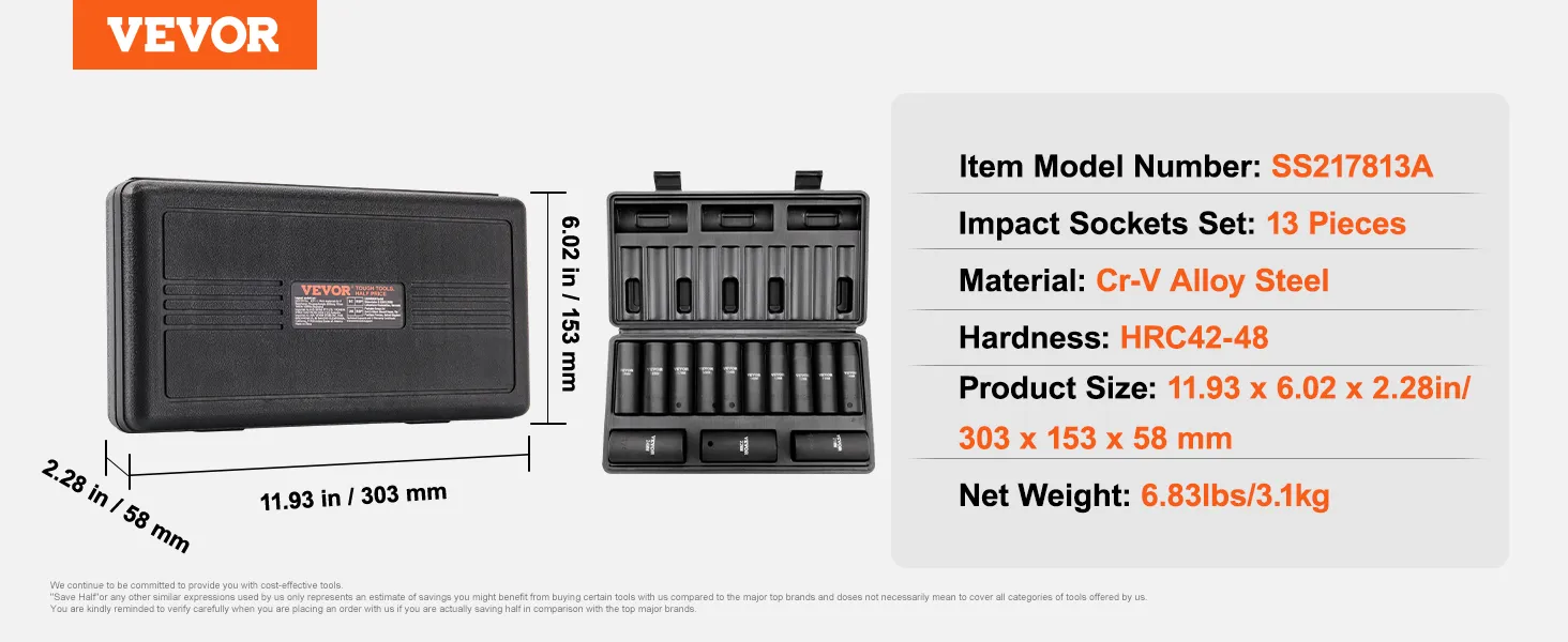 VEVOR impact socket set, 13 pieces, cr-v alloy steel, product size: 11.93" x 6.02" x 2.28".
