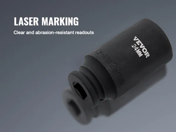 VEVOR impact socket set with laser marking for clear, abrasion-resistant readouts.