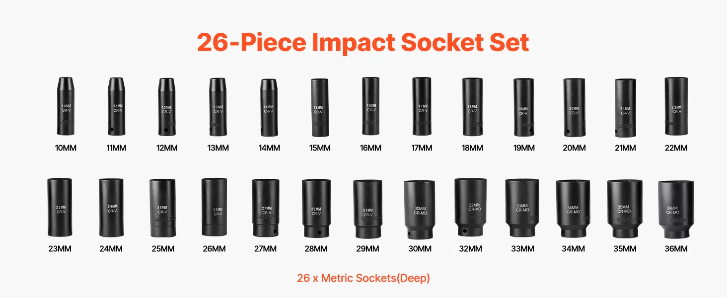 VEVOR Drive Impact Socket Set 1/2" - 26 Piece Deep Socket Set Metric 11-36 mm, 6 Point CR-V & Cr-Mo Alloy Steel for Auto Repair - Easy-to-Read Size Markings, Rugged Sockets Organizer, Storage Case