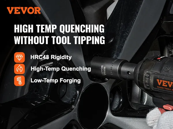 VEVOR impact socket set in use with a drill, highlighting features: high-temp quenching, hrc48 rigidity.