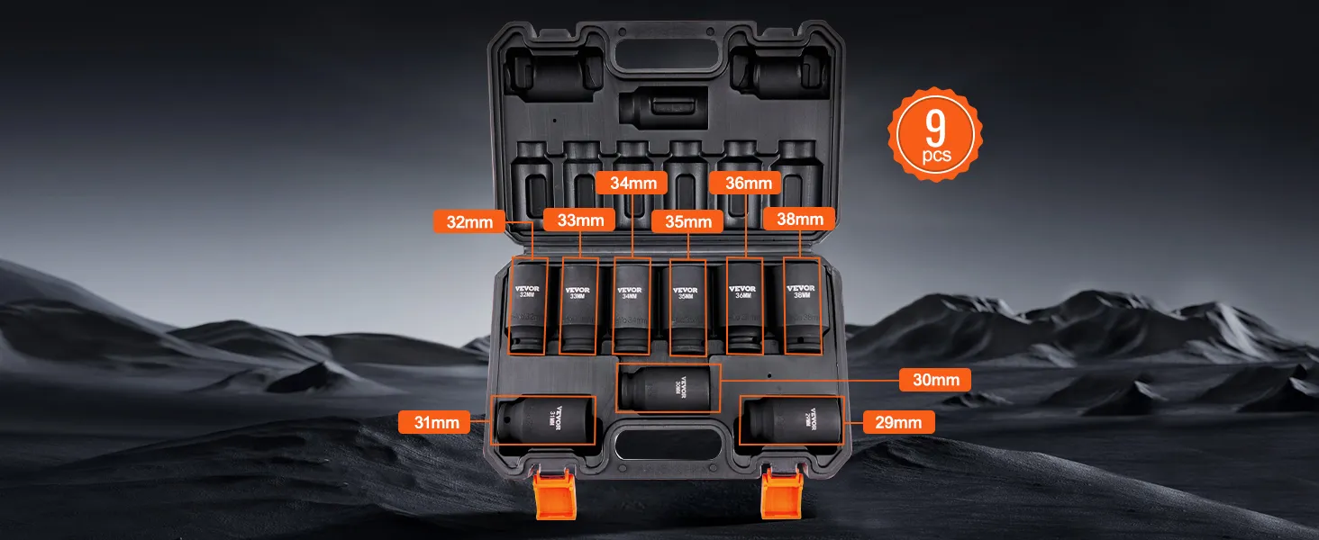 VEVOR impact socket set in hard case, featuring nine metric sockets ranging from 29mm to 38mm.
