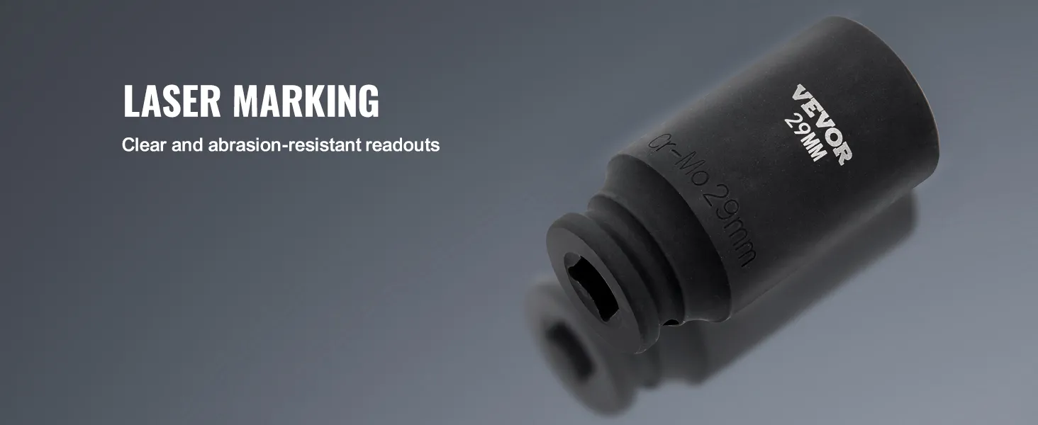 VEVOR impact socket set featuring laser marking for clear, abrasion-resistant readouts.