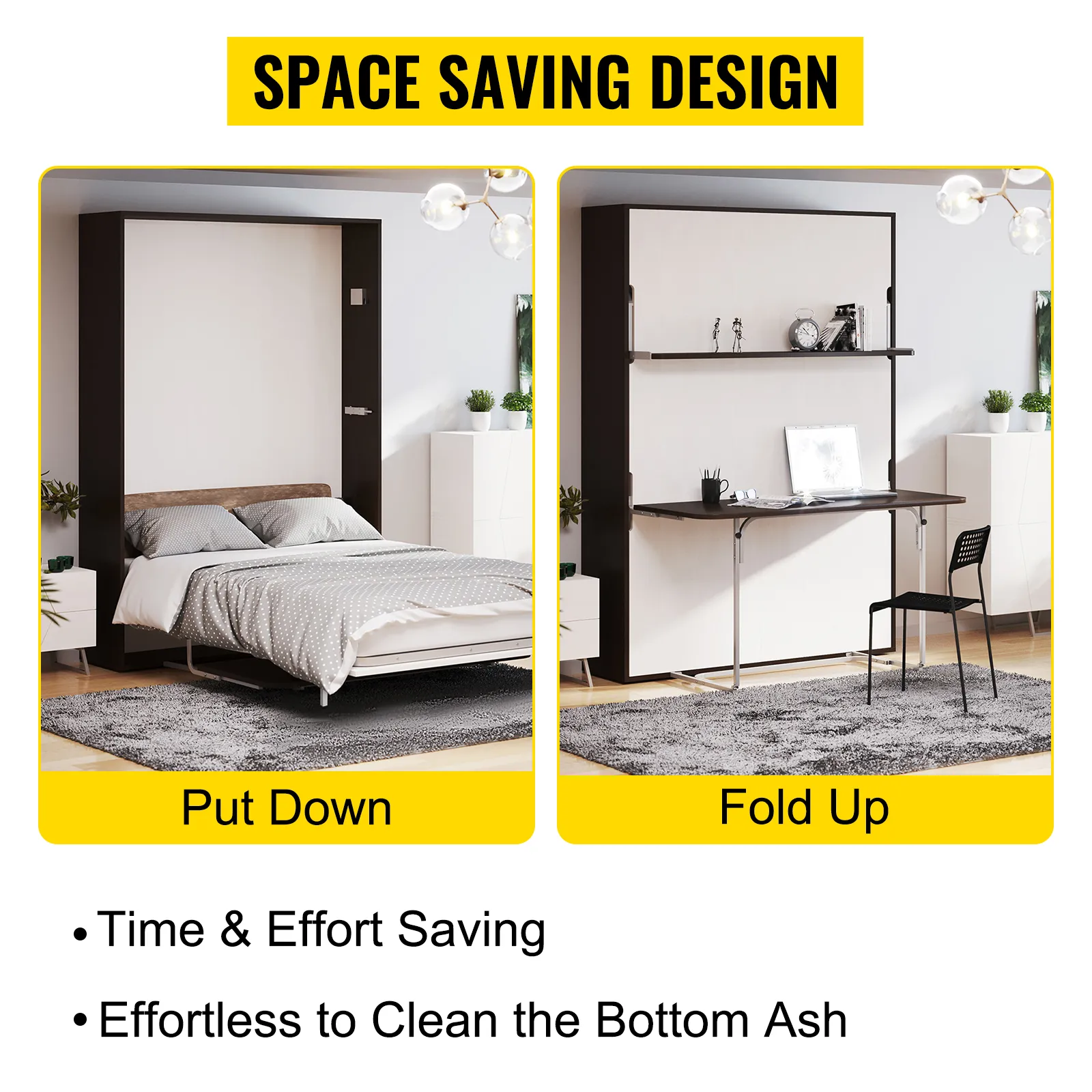 VEVOR murphy bed kit in use: left bed down, right bed folded with desk, space-saving design.