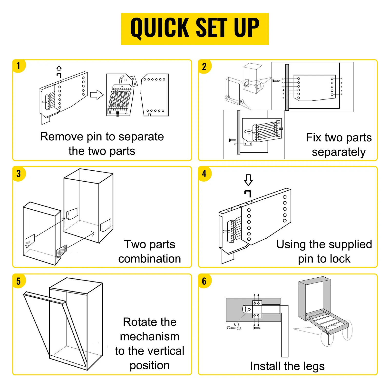 quick setup instructions for the VEVOR murphy bed kit with assembly and installation steps.