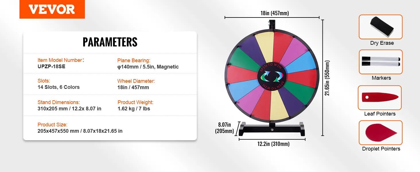 VEVOR spinning prize wheel with 14 slots, 6 colors, 18in diameter, and additional accessories.