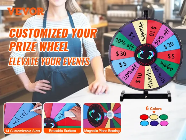 VEVOR spinning prize wheel with 14 customizable slots, erasable surface, and magnetic plane bearing.