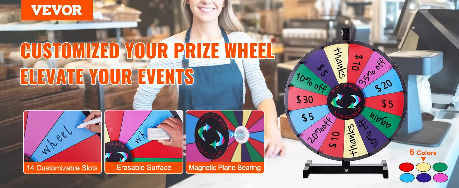 VEVOR spinning prize wheel with 14 customizable slots, erasable surface, and magnetic plane bearing.