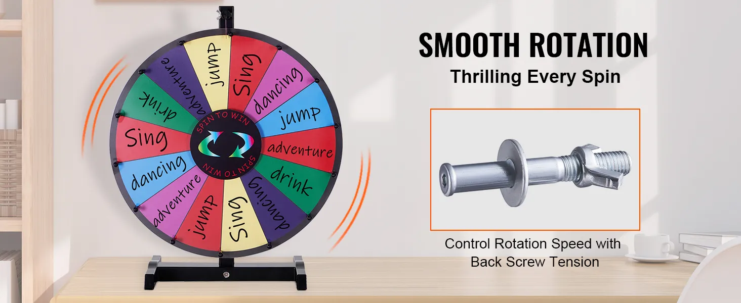 VEVOR spinning prize wheel with adjustable rotation speed, featuring vibrant color segments and sturdy base.