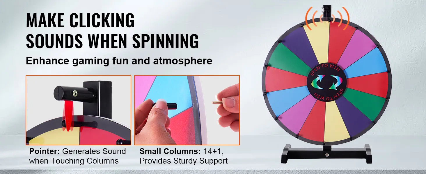 VEVOR spinning prize wheel with colorful sections, pointer for sound, and 14+1 sturdy small columns.