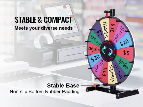 VEVOR spinning prize wheel on counter with stable base, vibrant sections, and store background.