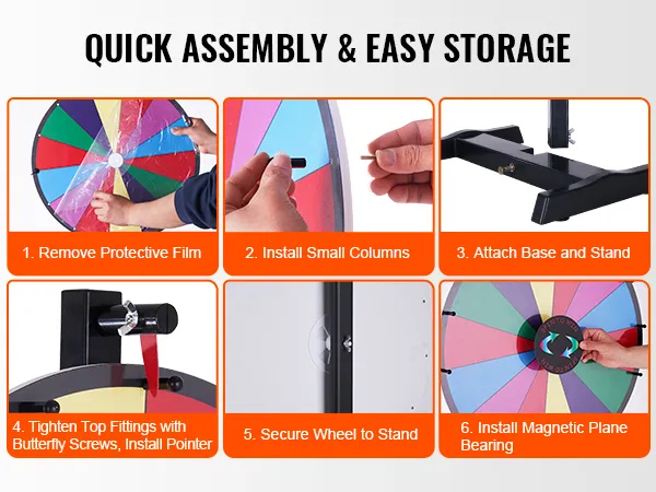 VEVOR spinning prize wheel assembly steps: remove film, install columns, attach base, secure wheel, add pointer.