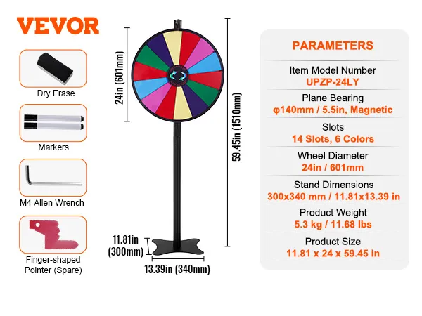 VEVOR spinning prize wheel with 14 slots, 24in diameter, stand, dry erase markers, and accessories.