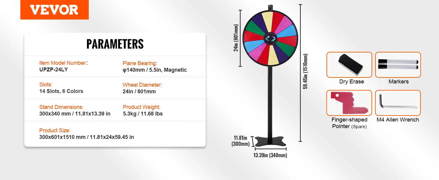 VEVOR spinning prize wheel with 14 slots, 24in diameter, stand, dry erase markers, and accessories.
