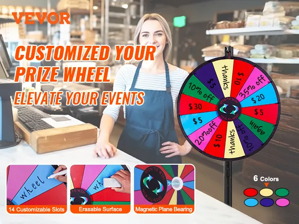 VEVOR spinning prize wheel with 14 customizable slots, erasable surface, and magnetic plane bearing.