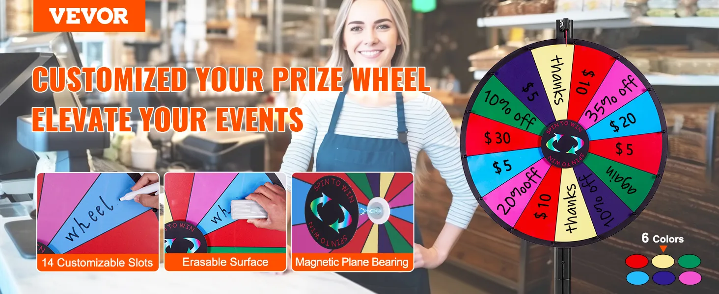 VEVOR spinning prize wheel with 14 customizable slots, erasable surface, and magnetic plane bearing.