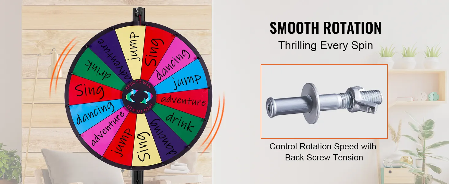 VEVOR spinning prize wheel with colorful sections for various activities, smooth rotation control.