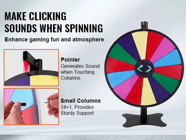 VEVOR spinning prize wheel: click sound, colorful segments, sturdy support for enhanced gaming fun.