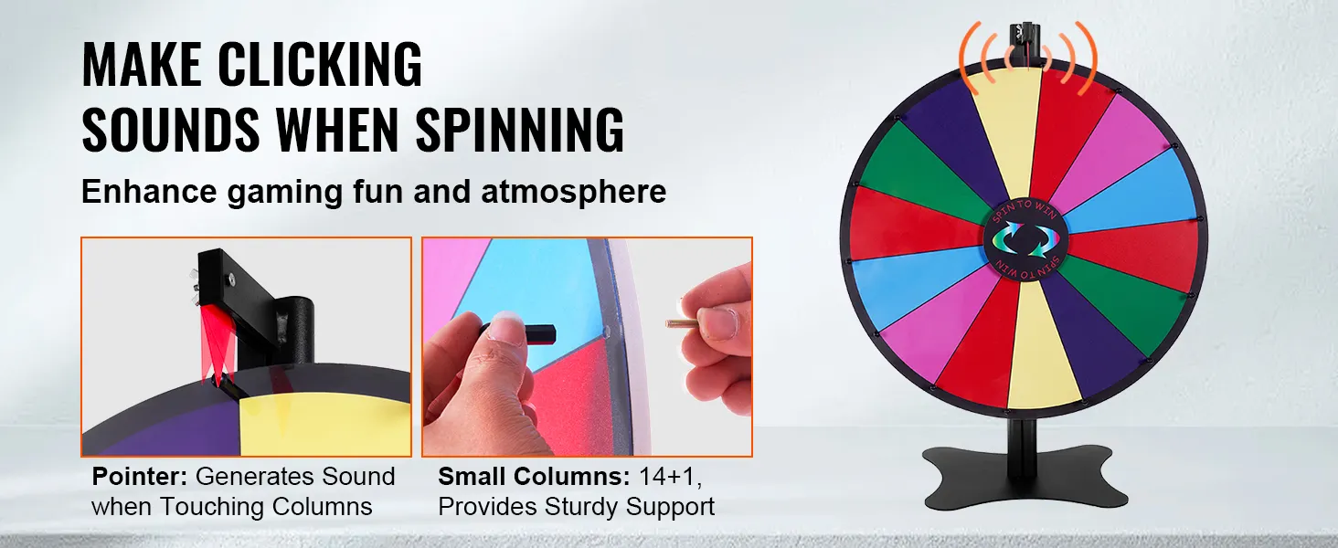 VEVOR spinning prize wheel: click sound, colorful segments, sturdy support for enhanced gaming fun.