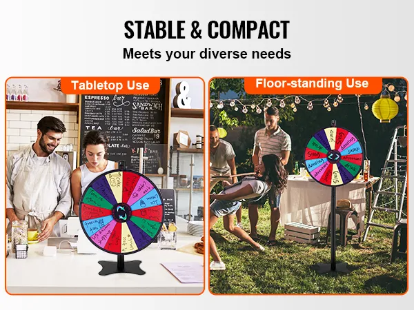 VEVOR spinning prize wheel for tabletop and floor-standing use, perfect for kitchen or outdoor events.