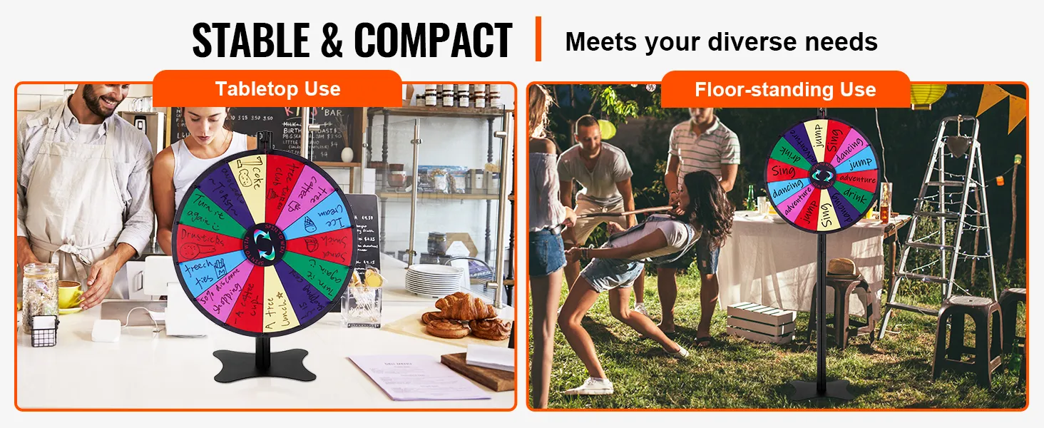 VEVOR spinning prize wheel for tabletop and floor-standing use, perfect for kitchen or outdoor events.