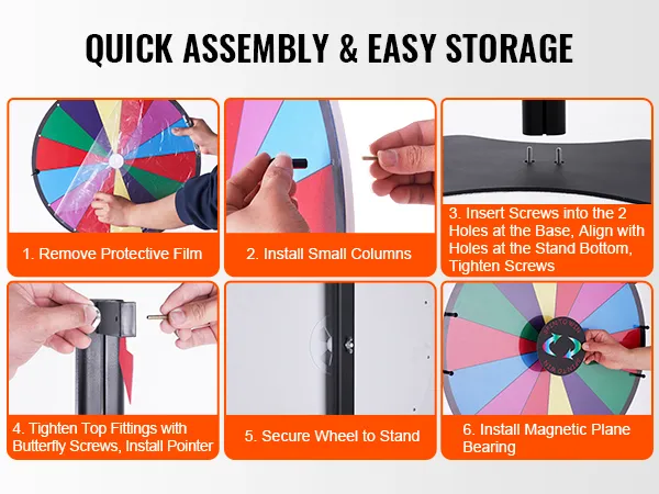 quick assembly and easy storage instructions for VEVOR spinning prize wheel in six steps.