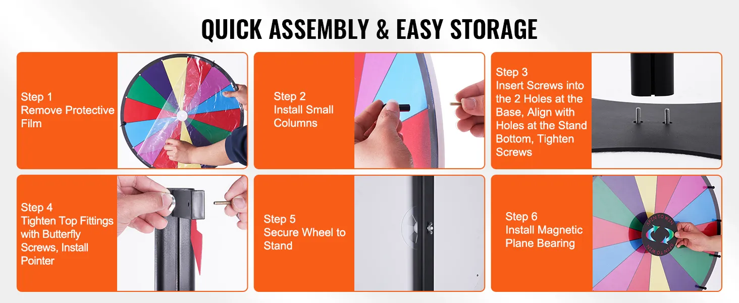 quick assembly and easy storage instructions for VEVOR spinning prize wheel in six steps.