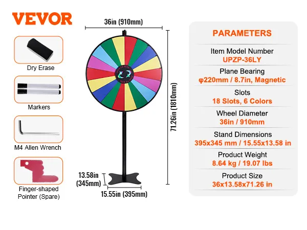 VEVOR spinning prize wheel, 36" diameter, 18 slots in 6 colors, 71.26" tall, includes markers and eraser.