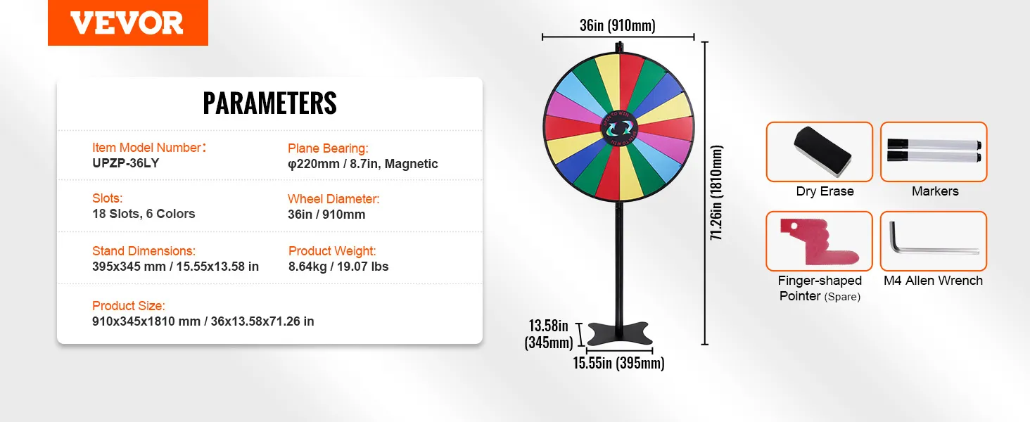 VEVOR spinning prize wheel, 36" diameter, 18 slots in 6 colors, 71.26" tall, includes markers and eraser.