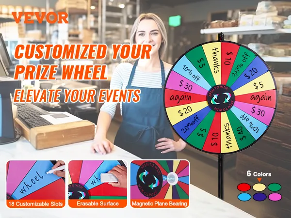 VEVOR spinning prize wheel with 18 customizable slots, erasable surface, and magnetic plane bearing.