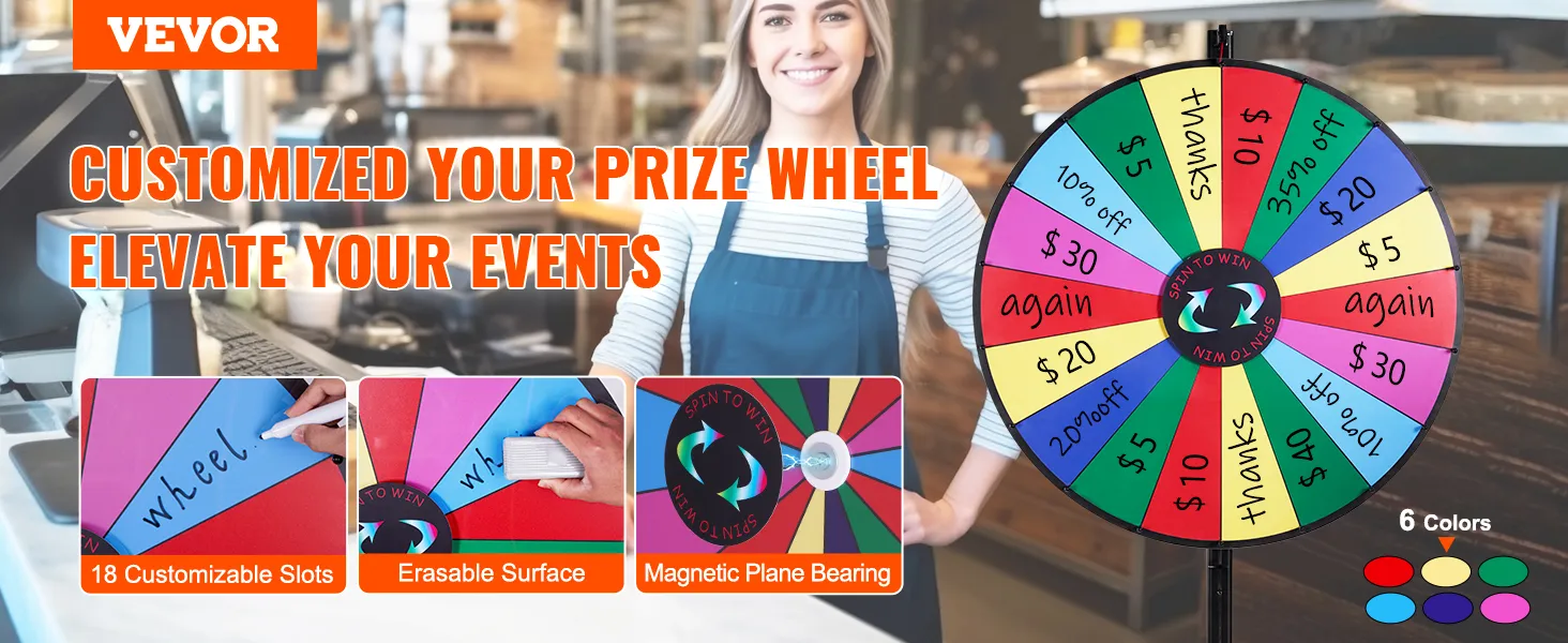 VEVOR spinning prize wheel with 18 customizable slots, erasable surface, and magnetic plane bearing.