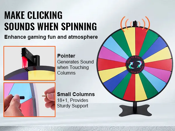 VEVOR spinning prize wheel with 18+1 small columns, colorful segments, pointer produces clicking sounds.