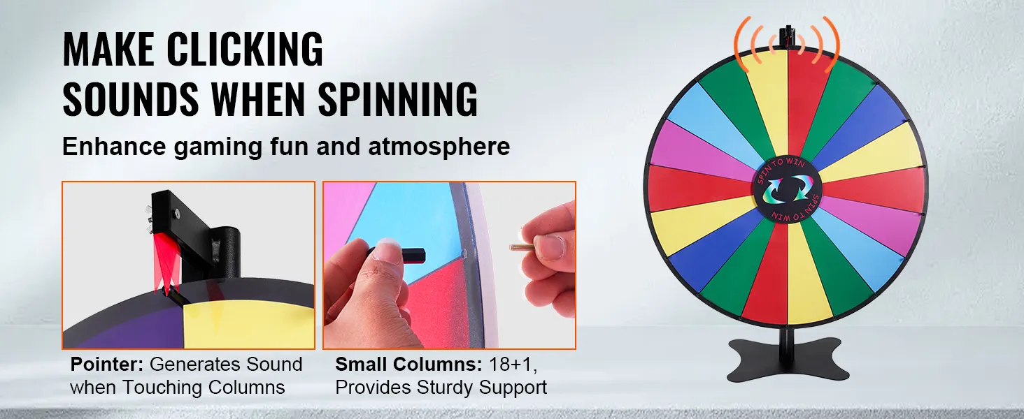 VEVOR spinning prize wheel with 18+1 small columns, colorful segments, pointer produces clicking sounds.