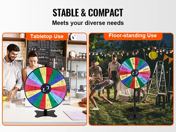 VEVOR spinning prize wheel for tabletop and floor-standing use, great for diverse needs in various settings.