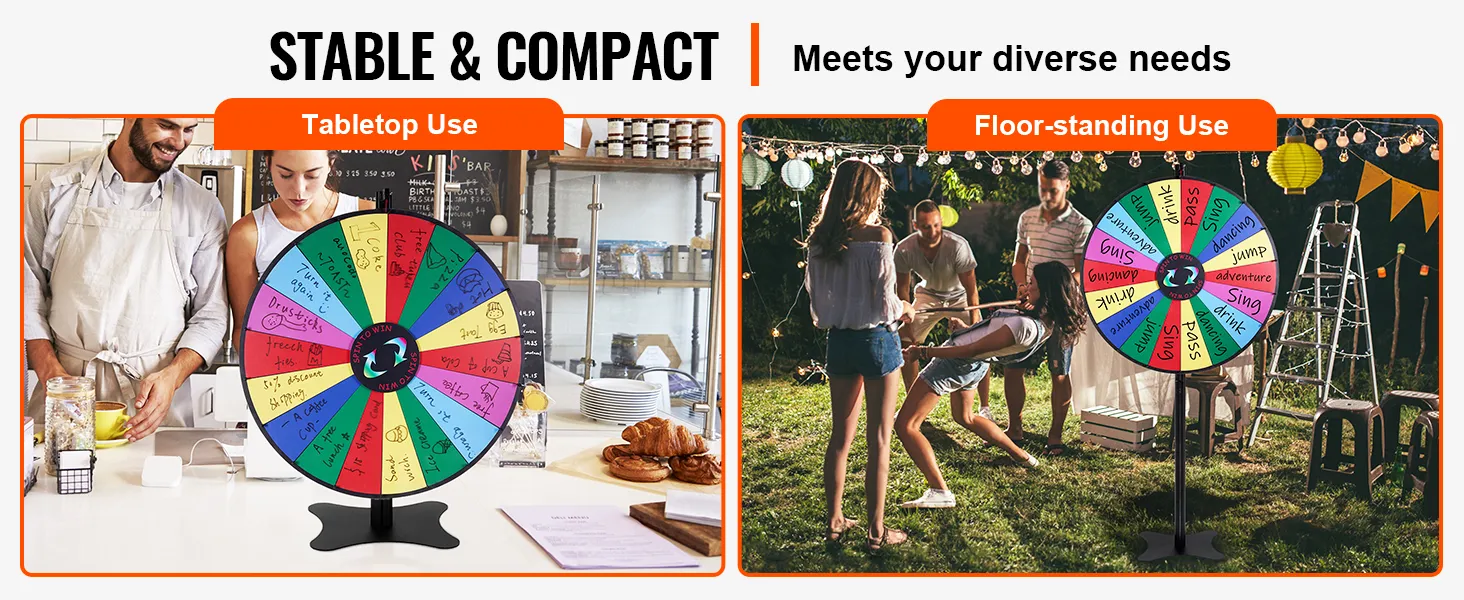 VEVOR spinning prize wheel for tabletop and floor-standing use, great for diverse needs in various settings.